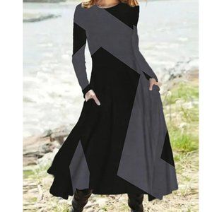 Long Sleeve Color Block Dress with wide skirt